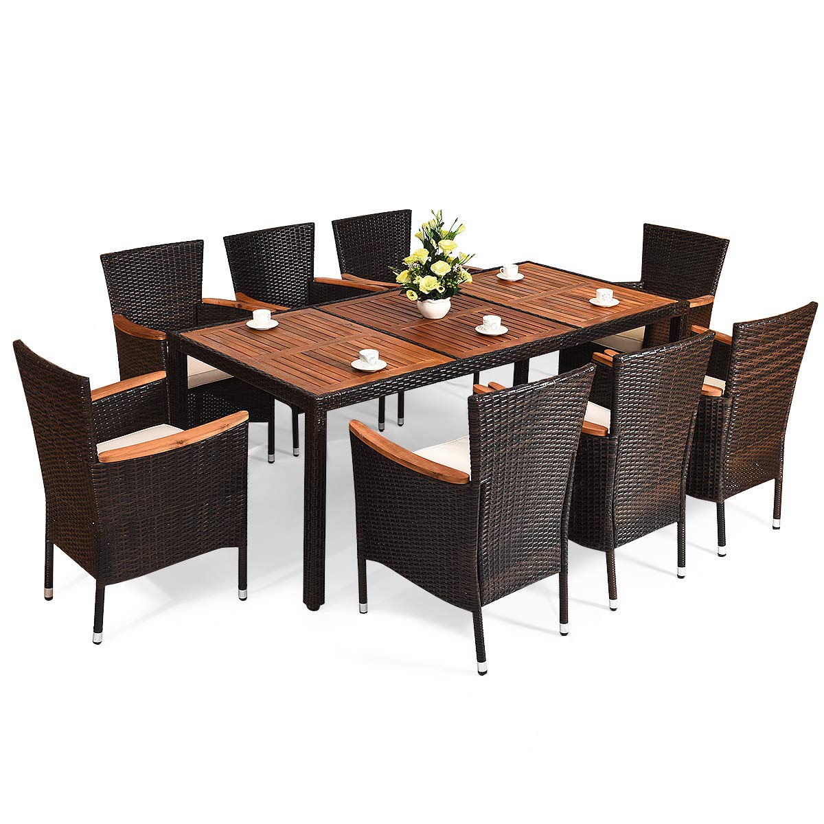 Tangkula 9 Piece Outdoor Dining Set with Acacia Wood Table and Stackable Armrest Chairs
